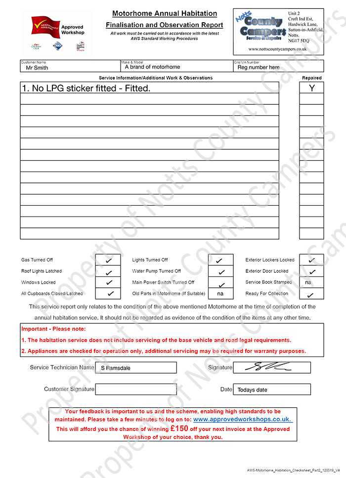notts county campers motorhome service check sheet pt2